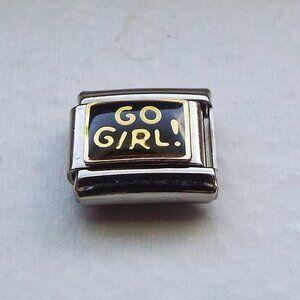 Go Girl! on black enamel 9mm stainless steel Italian charm bracelet link new